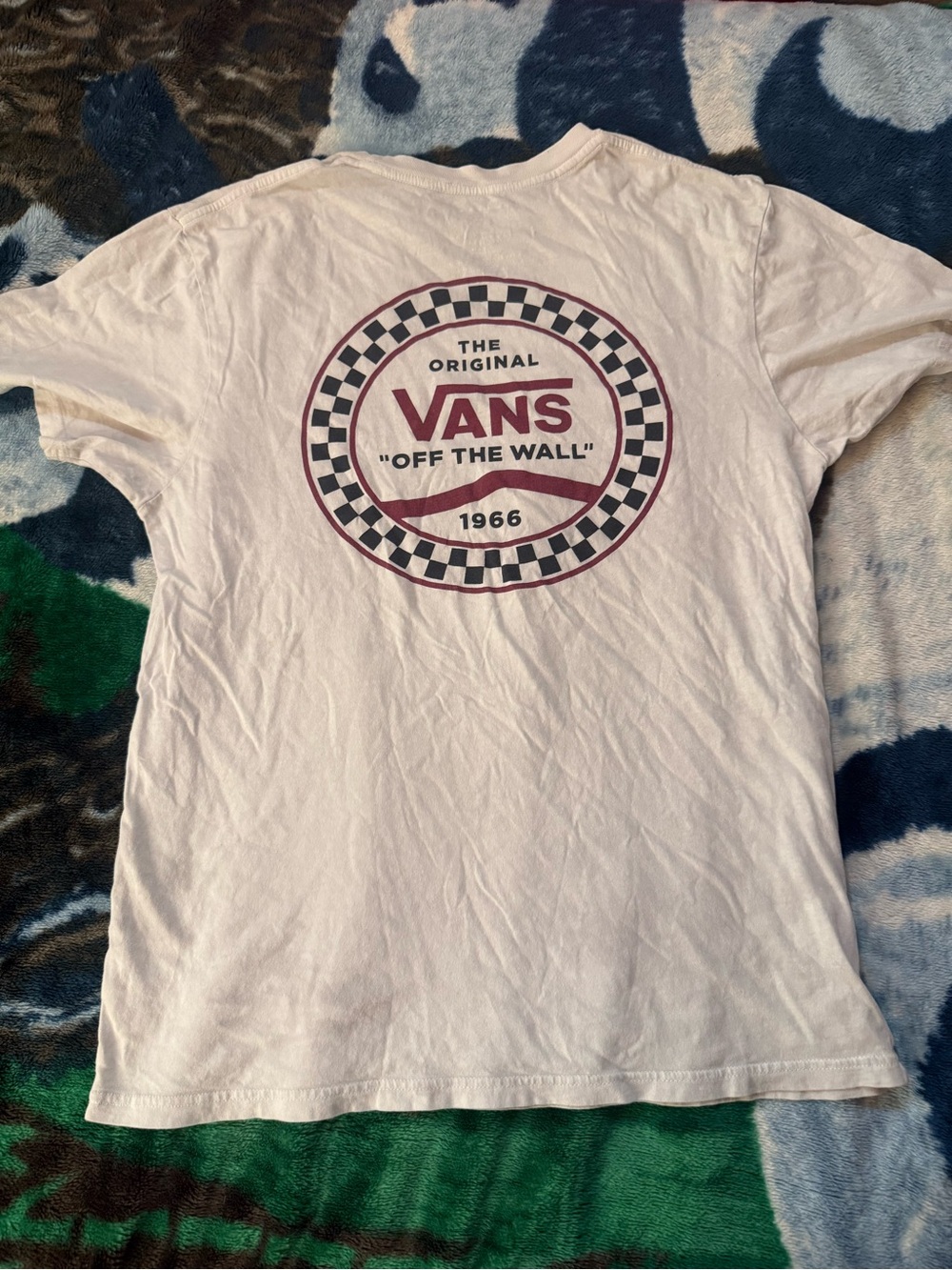 Vans White Tee with Maroon and Black Checker Logo